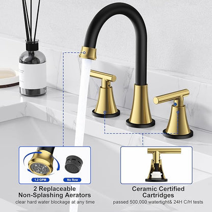 Bathroom Faucets for Sink 3 Hole, Hurran Black& Gold Bathroom Sink Faucet with Pop-up Drain and Supply Lines, Stainless Steel Lead-Free Widespread Faucet for Vanity RV Farmhouse Sink