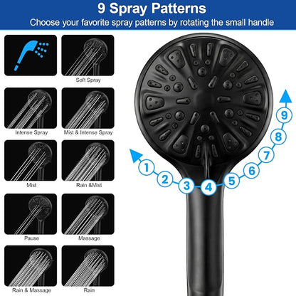 Shower Head, 12'' High Pressure Rainfall/Handheld Shower Combo, Matte Black | 9 Settings, Anti-leak Shower Head with 11'' Extension Arm, Holder, Hose, Height/Angle Adjustable Shower, 1.75GPM