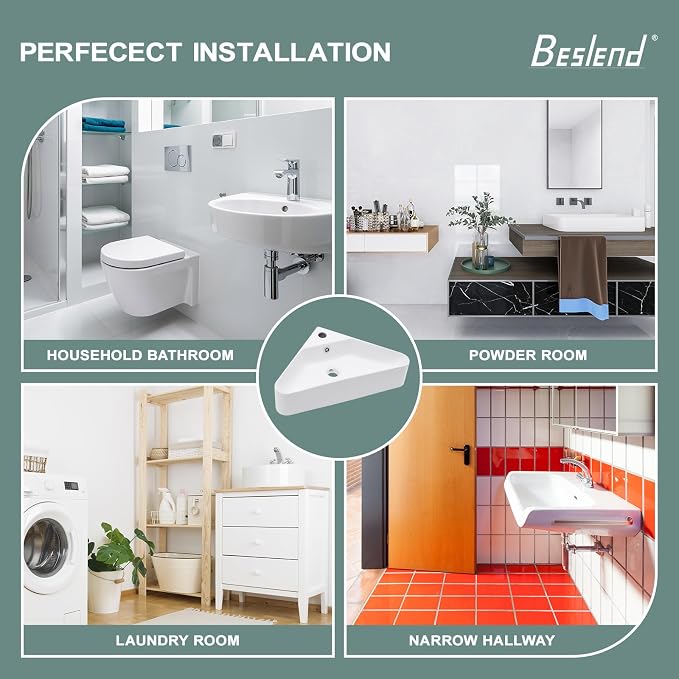 Corner Wall Mount Bathroom Sink | Beslend 21"x8" Inch White Ceramic Vessel Sink, Triangle Corner Sinks Art Basin with Overflow and Single Hole