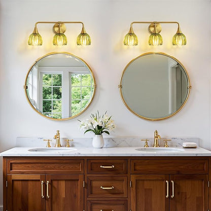 Bathroom Vanity Light Fixtures: 3-Lights Vintage Bathroom Lights Over Mirror with Ribbed Green Tulip Glass Shade - 22.4 inch Brushed Gold Wall Sconce Bath Lighting