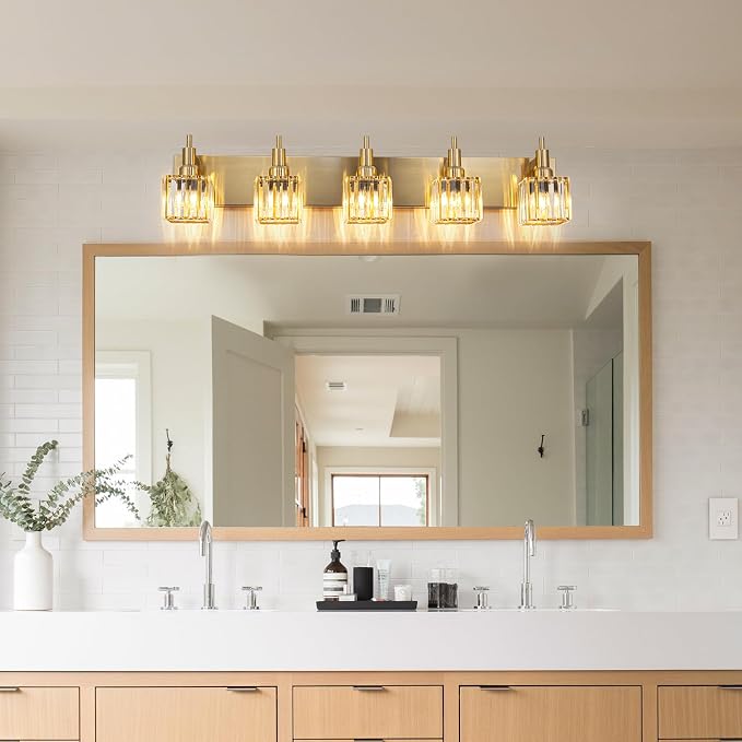 Gold Bathroom Vanity Lights, 5 Lights Crystal Bathroom Lighting Fixtures Over Mirror Modern Gold Crystal Wall Light
