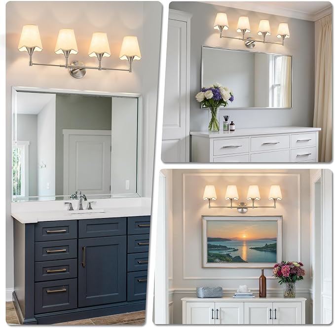 Brushed Nickel Bathroom Vanity Light: 4 Light Vanity Lighting Fixtures with Flared Fabric Shade, Modern Bathroom Lighting Fixtures over Mirror, Wall Sconce Lights for Bedroom Hallway Living Room