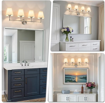 Brushed Nickel Bathroom Vanity Light: 4 Light Vanity Lighting Fixtures with Flared Fabric Shade, Modern Bathroom Lighting Fixtures over Mirror, Wall Sconce Lights for Bedroom Hallway Living Room
