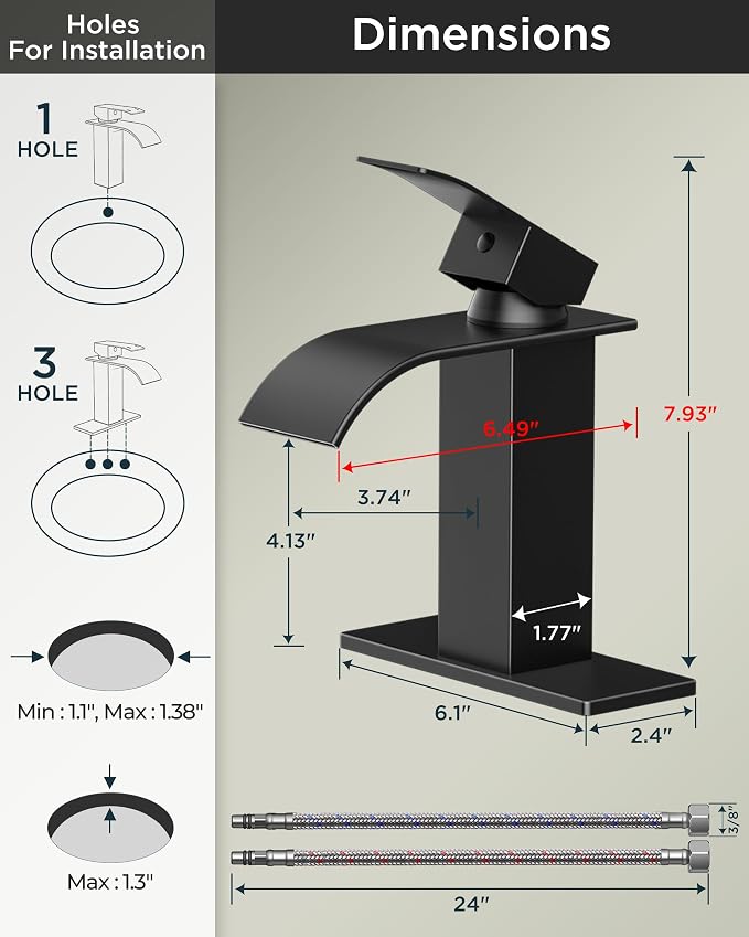 FORIOUS Bathroom Faucet 1 Hole, Waterfall Vanity Sink Faucet Matte Black | Bathroom Sink Faucet 1 or 3 Hole, Square Single Handle with 24" cUPC Supply Line and Pop-up Drain, Fits RV Restroom Basin
