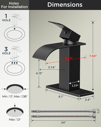FORIOUS Bathroom Faucet 1 Hole, Waterfall Vanity Sink Faucet Matte Black | Bathroom Sink Faucet 1 or 3 Hole, Square Single Handle with 24" cUPC Supply Line and Pop-up Drain, Fits RV Restroom Basin