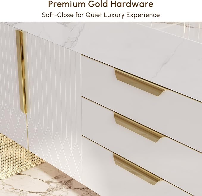 Bathroom Vanity with Sink, Modern Bathroom Vanity with Faux Marble Top, Gold Hardware & Soft-Close Drawers for Bathroom Storage (35.4 Inch, White, Single Sink & Floating)