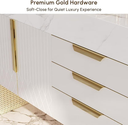 Bathroom Vanity with Sink, Modern Bathroom Vanity with Faux Marble Top, Gold Hardware & Soft-Close Drawers for Bathroom Storage (35.4 Inch, White, Single Sink & Floating)