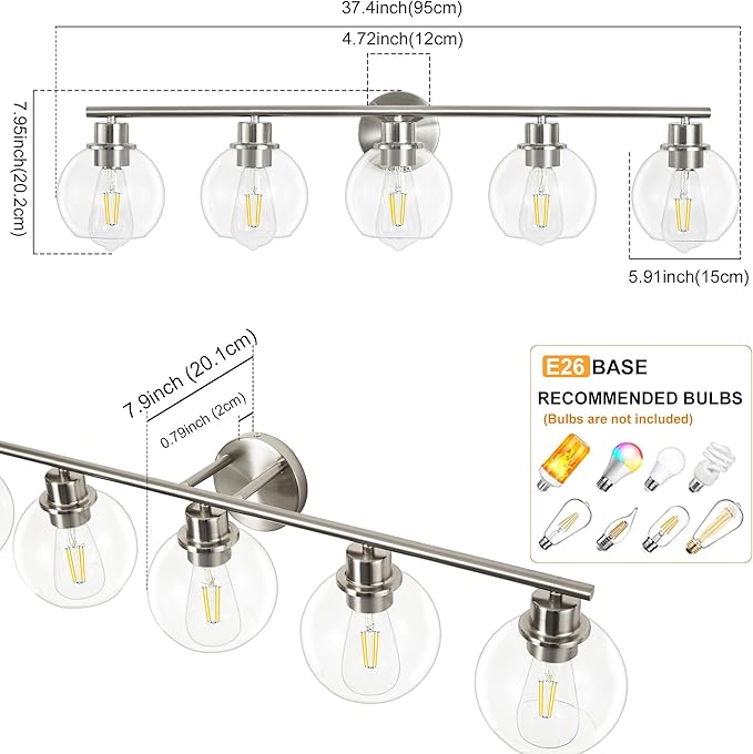Bathroom Light Fixtures Over Mirror 5-Lights Bathroom Vanity Light with Clear Globe Glass Shade 37.4 inch Modern Brushed Nickel Vanity Lights Wall Sconce Lighting for Bath