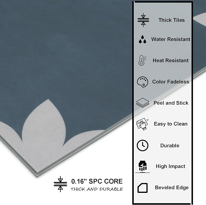 16-Sheet Peel and Stick Floor and Wall Tile for Bathroom Kitchen, 9" x 9" Blue Flower SPC Self-Adhesive Vinyl Flooring Patterned Groutable Backsplash Tile, Covers 9.12 Sq Ft.