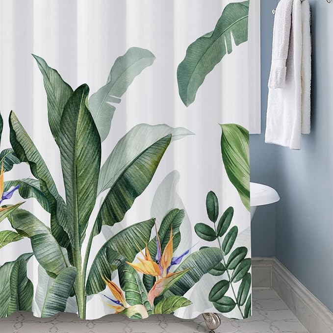 Shower Curtain Tropical Green Plant Shower Curtains for Bathroom, Leaf Shower Curtain, Botanical Shower Curtain Sets, Sage Shower Curtains Waterproof Bathtub Curtain 72x72 Inch with Hooks