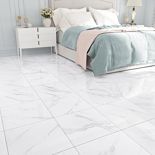 Marble Peel and Stick Floor Tile Bathroom Waterproof Vinyl Tiles | Self Adhesive Marble Sticky Tiles for Floor Bedroom Kitchen Camper Laundry Peel and Stick Tile Flooring 20 PCS 12"x12" White