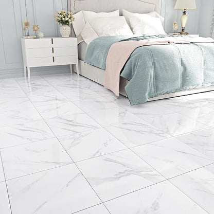 Marble Peel and Stick Floor Tile Bathroom Waterproof Vinyl Tiles | Self Adhesive Marble Sticky Tiles for Floor Bedroom Kitchen Camper Laundry Peel and Stick Tile Flooring 20 PCS 12"x12" White