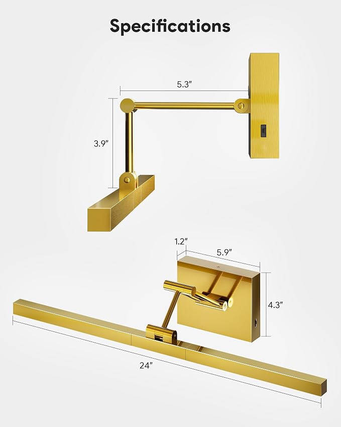 VONLUCE 24" Modern LED Bathroom Vanity Light, Brushed Gold | 3CCT, Flicker-free, 360° Rotatable Head & Swing Arm, IP44 waterproof Bathroom Light Fixture Over Mirror for Bathroom, Picture