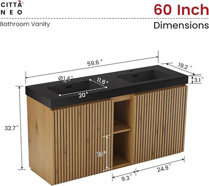 60" Bathroom Vanity with Double Sink, Freestanding Double Sink Bathroom Vanity with Black Engineered Stone Top, Open Storage Cabinet & Adjustable Shelf, 4 Soft-Closing Doors, Light Oak