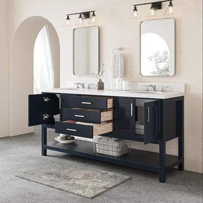 ARIEL Magnolia 72-inch Bathroom Vanity with Sink,Solid Wood, 1.5-inch Pure White Quartz Countertop & Backsplash, Double Oval Porcelain Sink, 4 Soft Closing Doors, 3 Dovetail Drawers, Midnight Blue