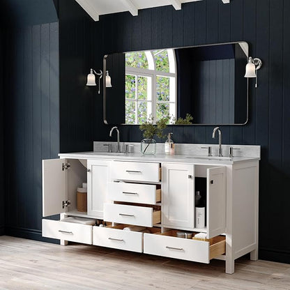 ARIEL Cambridge 72-inch Bathroom Vanity with Sink,Solid Wood, 0.75-inch Italian Carrara Marble Countertop & Backsplash, Double Oval Porcelain Sink, 4 Soft Closing Doors, 6 Dovetail Drawers, White