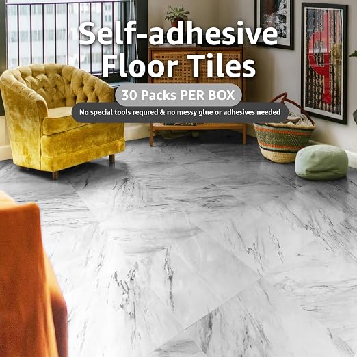 Art3dwallpanels Peel and Stick Floor Tiles 30-Pack 12x12 inch White Marble | Self Adhesive, Waterproof Vinyl Flooring, Marble Pattern for Kitchen, Dining Room, Bedrooms, Cover 30 Sq. Ft
