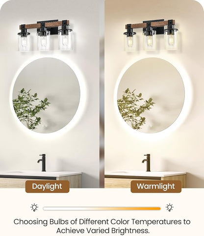3-Light Bathroom Light Fixture, Farmhouse Vanity Lights for Bathroom with Glass Shade, Rustic Bathroom Light Fixtures, E26 Base F08BD05