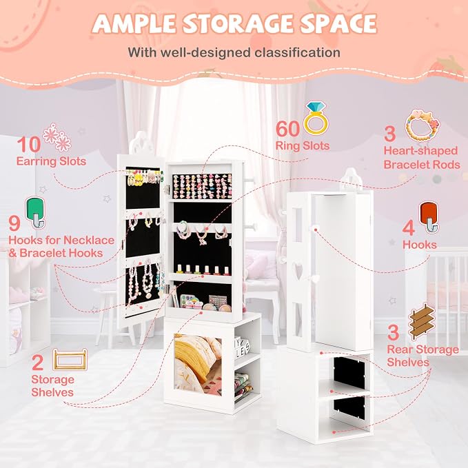HONEY JOY Kids Jewelry Armoire Cabinet, Wooden Standing Jewelry Organizer w/Full-length Mirror and Garment Rack, 2 Tier Storage Shelves, Children Dress Up Jewelry Cabinet for Little Girls (White)