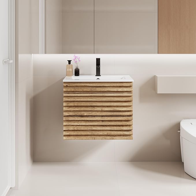 LUCKWIND 24" Floating Bathroom Vanity with Sink, Mid-Century Wall Mounted Big Drawer Cabinet with Ceramic Sink, Water Saving Faucet and Wood Stripes Style, Oak