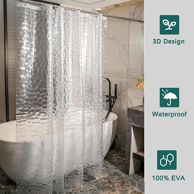 Shower Curtain Liner, 100% Waterproof EVA Shower Curtains with 3 Duty Heavy Bottom Magnets and 12 Rust Proof Grommets, 72x72 Weighted Shower Liner for Shower Stall, Bathtubs