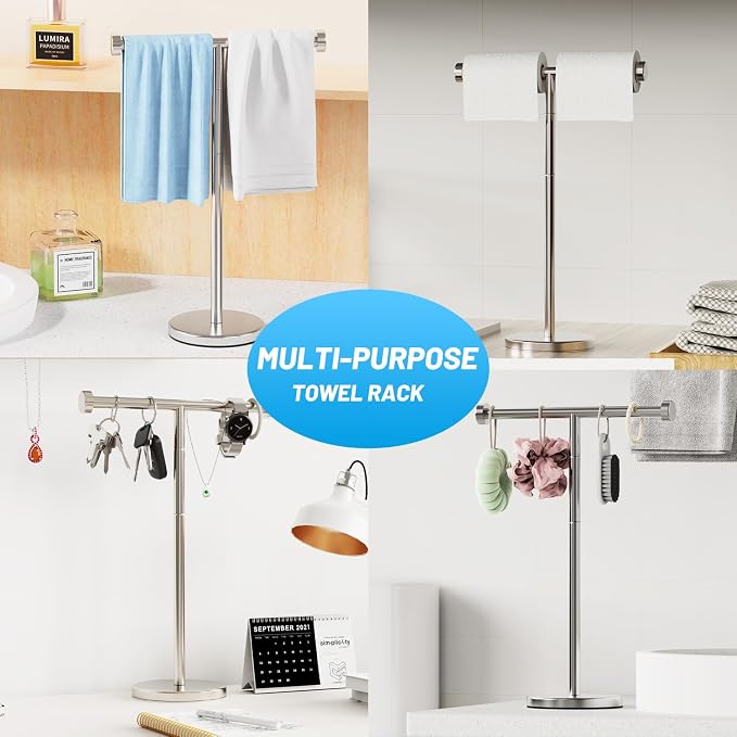 VEHHE T-Shape Hand Towel Holder Stand Height Adjustable Non-Slip-Silver | Height Adjustable 13.7"-17.7" | SUS304 Stainless Steel | Tool-Free Assembly | Removable Anti-Slip Knobs | Base 5.5"