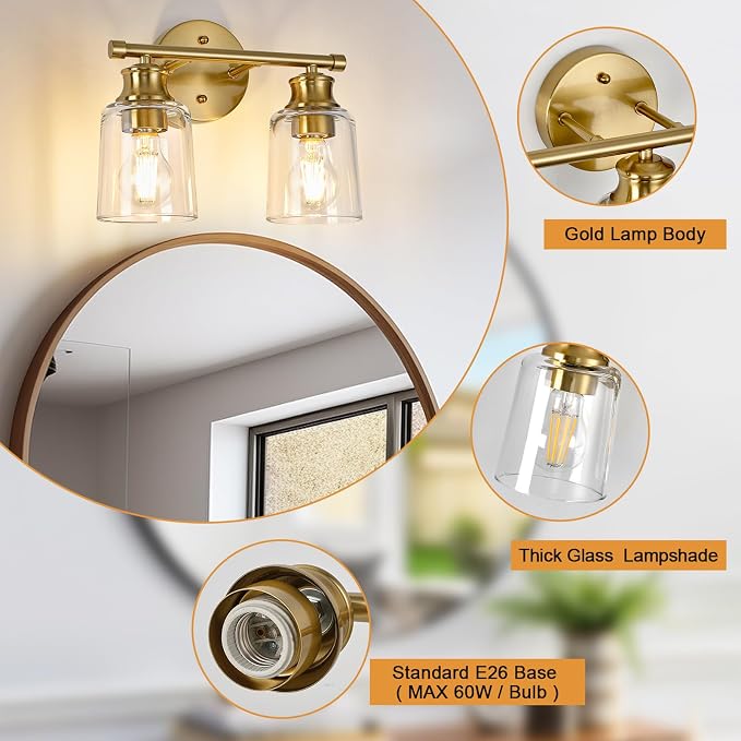 Bathroom Light Fixtures Over Mirror, 2 Lights Vanity Lights with Clear Glass Shade, 12.1" Gold Farmhouse Bathroom Wall Light Fixtures for Bedroom, Porch, Hotel, Mirror Cabinet