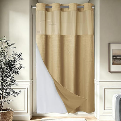 EUTXL Heavyweight Beige Stall No Hook Shower Curtain with Snap in Liner,256GSM Waffle Weave Shower Curtains for Bathroom,54W x 80H