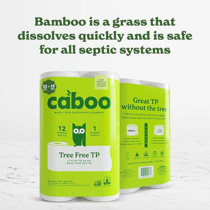 Caboo Tree Free Toilet Paper, Tree Free, Septic, Chemical Free Bath Tissue - 2 Ply Sheets, 300 Sheets Per Roll, 12 Double Rolls