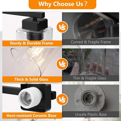 19” Bathroom Light Fixtures Over Mirror,3-Light Black Vanity Light | Square Clear Glass & Durable Metal, Quick & Easy Installation, Standard E26 Socket, Bright Bathroom Lighting