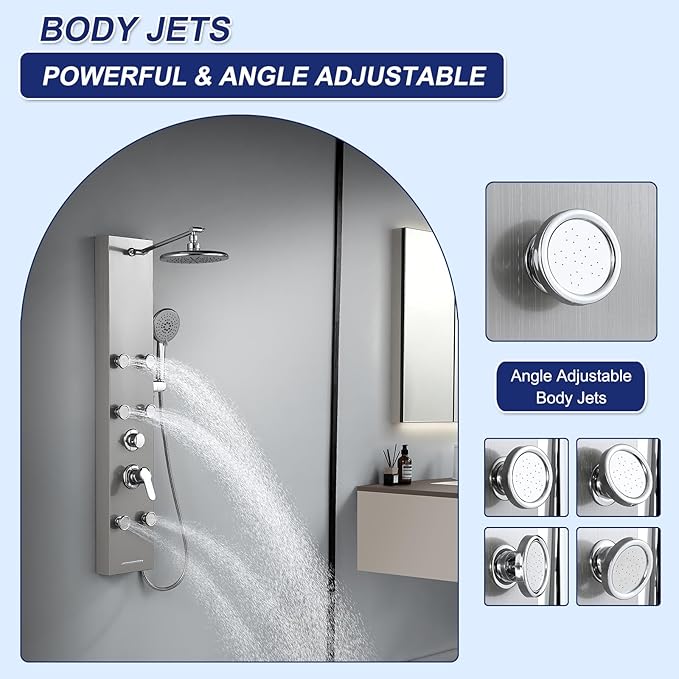 ROVATE Rainfall Shower Panel Tower System with Adjsutable Powerful Body Massage Jets, Flexible Handheld and Waterfall Tub Spout, Stainless Steel High Pressure Shower Column with Brass Valve Body