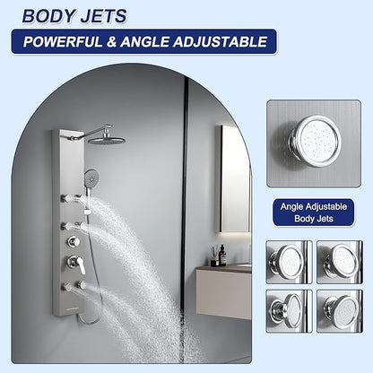 ROVATE Rainfall Shower Panel Tower System with Adjsutable Powerful Body Massage Jets, Flexible Handheld and Waterfall Tub Spout, Stainless Steel High Pressure Shower Column with Brass Valve Body