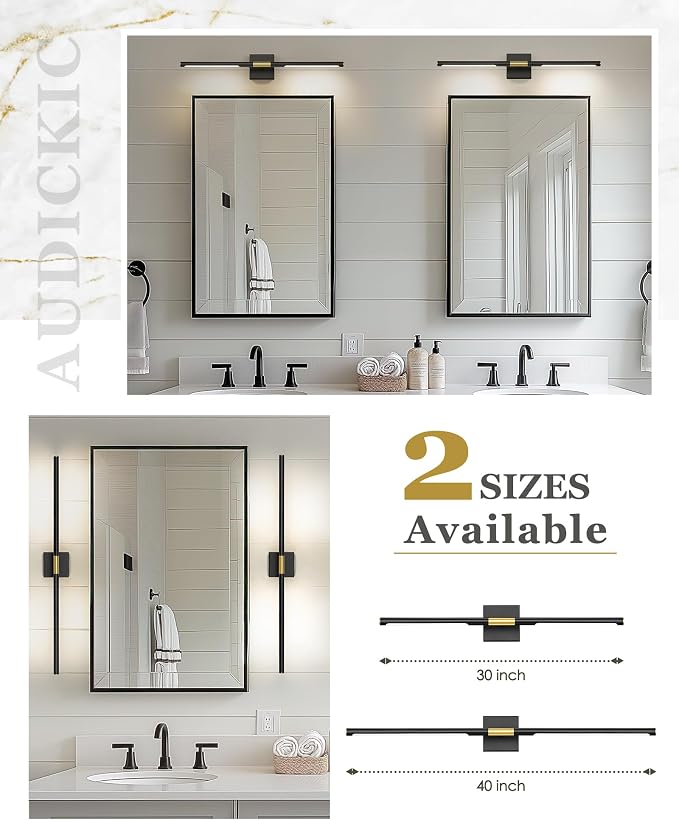 40 Inch Bathroom Light Fixtures, 24W 3CCT Dimmable Black and Gold LED Vanity Lighting Fixtures Over Mirror, 360?Rotatable Modern Bathroom Vanity Light Bar, AD-W9465-L100-BK