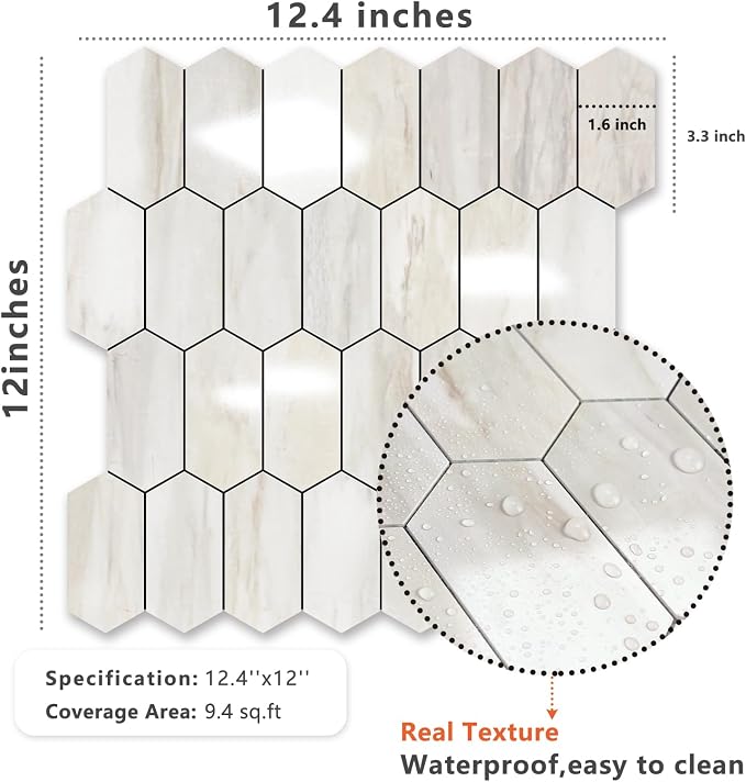 Vamos Tile Long Hexagon Peel and Stick Backsplash Tile - 10 Sheets Stick on Backsplash for Kitchen and Bathroom 12.4 x 12 Inch Glossy Wood Grain PVC Self Adhesive Mosaic Wall Tiles