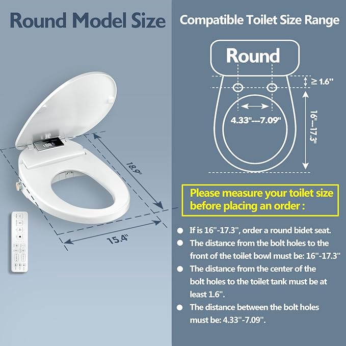 Electric Heated Bidet Toilet Seat with Remote Control, Adjustable Warm Water & Pressure, Air Drying, Self-Cleaning Nozzle, Oscillating Cleaning, Display Screen, Slow Closed Lid - Round