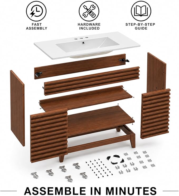 36 Inch Bathroom Vanity with Sink, Walnut Fluted Freestanding Bathroom Vanity Cabinet with Ceramic Sink Top, Solid Wood Legs, Soft Close Double Doors and Modern Storage Cabinet