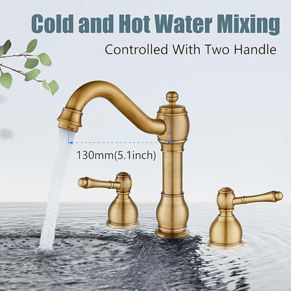 Aolemi 8 Inch Widespread Bathroom Sink Faucet 3 Hole Deck Mount Vanity Basin Mixer Tap with Pop Up Drain Assembly Antique Brass Double Lever Handle