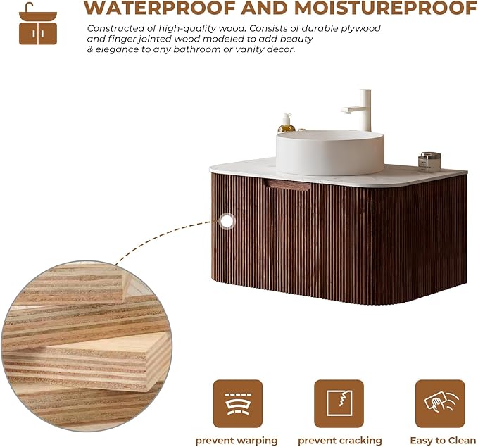 LKTART 30 Inch Floating Bathroom Vanity with Sink, Modern Wall Mounted Bathroom Storage Cabinet with Drawer, Round White Ceramic Sink Top and Marble Texture Top,Walnut