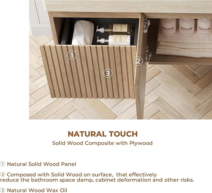 LKTART Floating 48 Inch Bathroom Vanity with Sink, Modern Plywood Wall Mounted Bathroom Storage Cabinet with 2 Doors and 1 Drawer, Roma Travertine-Pattern Sintered Stone Countertop and Ceramic Basins