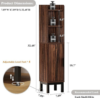 Small Bathroom Storage Cabinet, Corner Floor Cabinet with Door and Shelves, Narrow Toilet Paper Cabinet, Bathroom Organizer with Adjustable Shelf, for Small Spaces (Walnut)