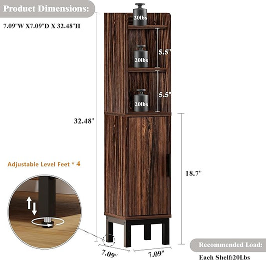Small Bathroom Storage Cabinet, Corner Floor Cabinet with Door and Shelves, Narrow Toilet Paper Cabinet, Bathroom Organizer with Adjustable Shelf, for Small Spaces (Walnut)
