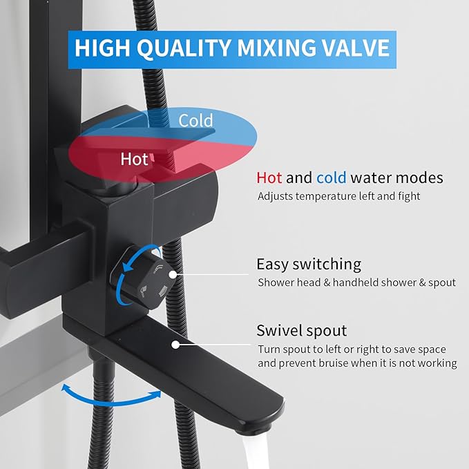 Taplong Matte Black Outdoor Shower Fixture Exposed Bathroom Shower Faucet Set,Shower System with 9" Rain Shower Head Handheld Sprayer Single Handle, SUS304 Triple Function Wall-Mounted Faucet