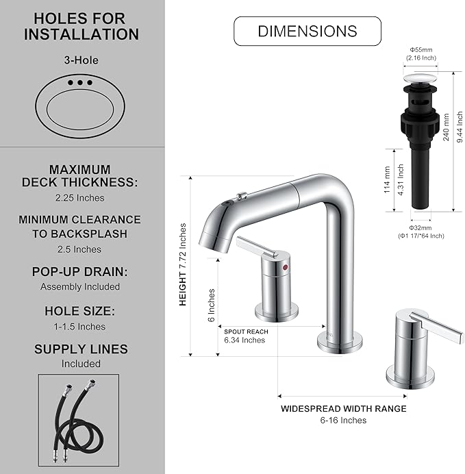 KENES Pull Down Bathroom Faucet with Sprayer, Chrome 8 Inch 2 Handle Widespread Bathroom Faucet 3 Hole with Pull Out Sprayer, Vanity Faucet with Pop Up Drain & Supply Lines LJ-9058A-5