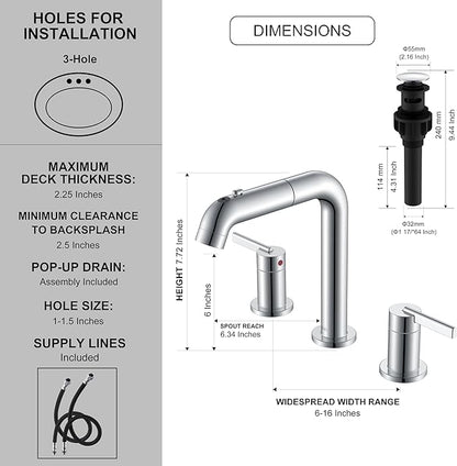 KENES Pull Down Bathroom Faucet with Sprayer, Chrome 8 Inch 2 Handle Widespread Bathroom Faucet 3 Hole with Pull Out Sprayer, Vanity Faucet with Pop Up Drain & Supply Lines LJ-9058A-5