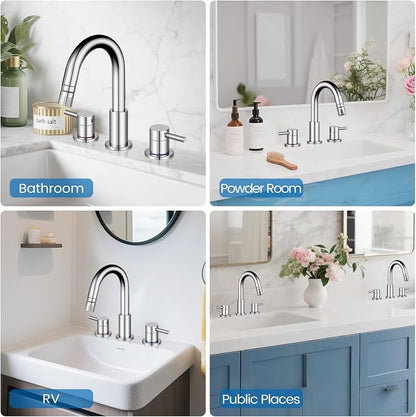 Pull-Down Bathroom Faucet 3 Hole 8 Inch with Pop-Up Drain,Chrome | 360° Swivel Spoutr & Dual Modes,8" Widespread 2-Handle, Pop-Up Drain & 10-Min Install for 3-Hole Bathroom Sink Faucets.
