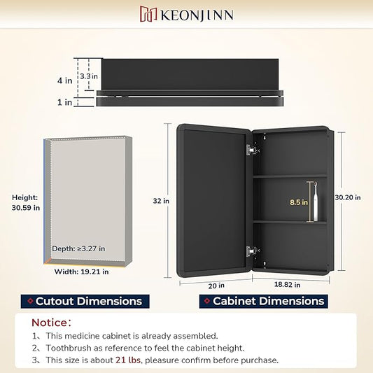 Keonjinn 20 x 32 Inch Black Mirrored Medicine Cabinet, Recessed Medicine Cabinets for Bathroom, Black Stainless Steel Framed, Stepless Adjustable Shelves, in Wall or Surface Mount, Sturdy & Heavy