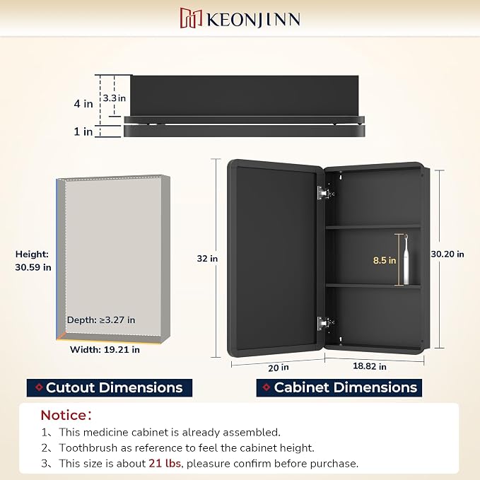 Keonjinn 20"x32" Gold Medicine Cabinet Mirror, Stepless Adjustable Shelves | Stainless Steel Framed, Wall Mount/Recessed, Sturdy & Solid, Soft Close DTC Hinges, Mirrored Medicine Cabinet for Bathroom