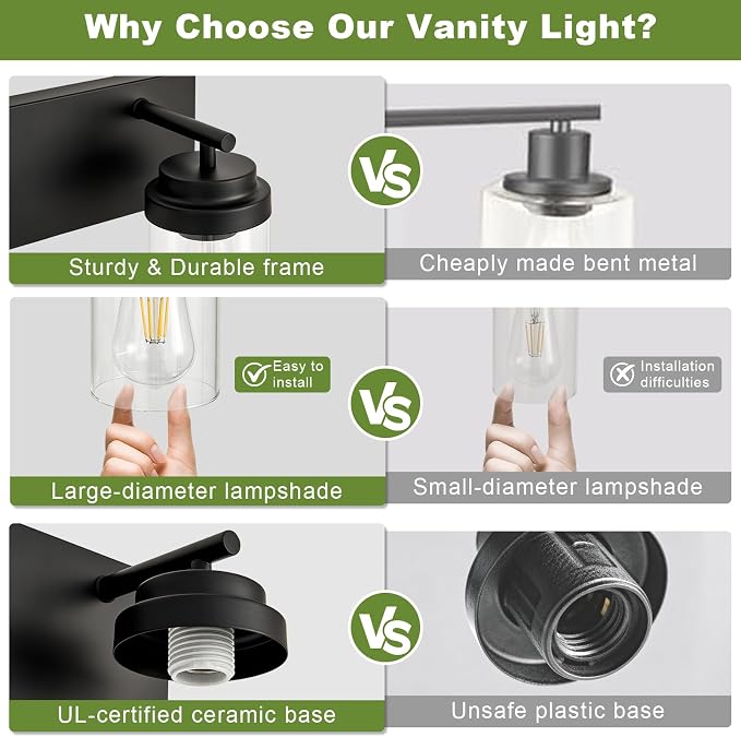3-Light Bathroom Light Fixtures, Matte Black Vanity Lights | Modern Bathroom Lighting Fixtures Over Mirror, Vanity Lights for Bathroom, Mirror, Restroom, Bedroom, E26