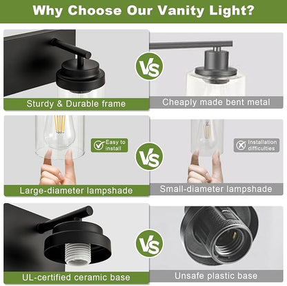 3-Light Bathroom Light Fixtures, Matte Black Vanity Lights | Modern Bathroom Lighting Fixtures Over Mirror, Vanity Lights for Bathroom, Mirror, Restroom, Bedroom, E26