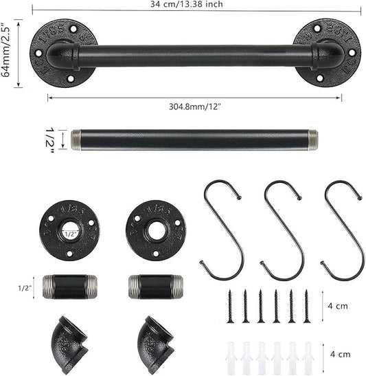 Industrial Pipe Towel Rack Towel Bar, Heavy Duty Wall Mounted Rustic Farmhouse Bath Towel Holder for Bathroom (Black, 12 inch)